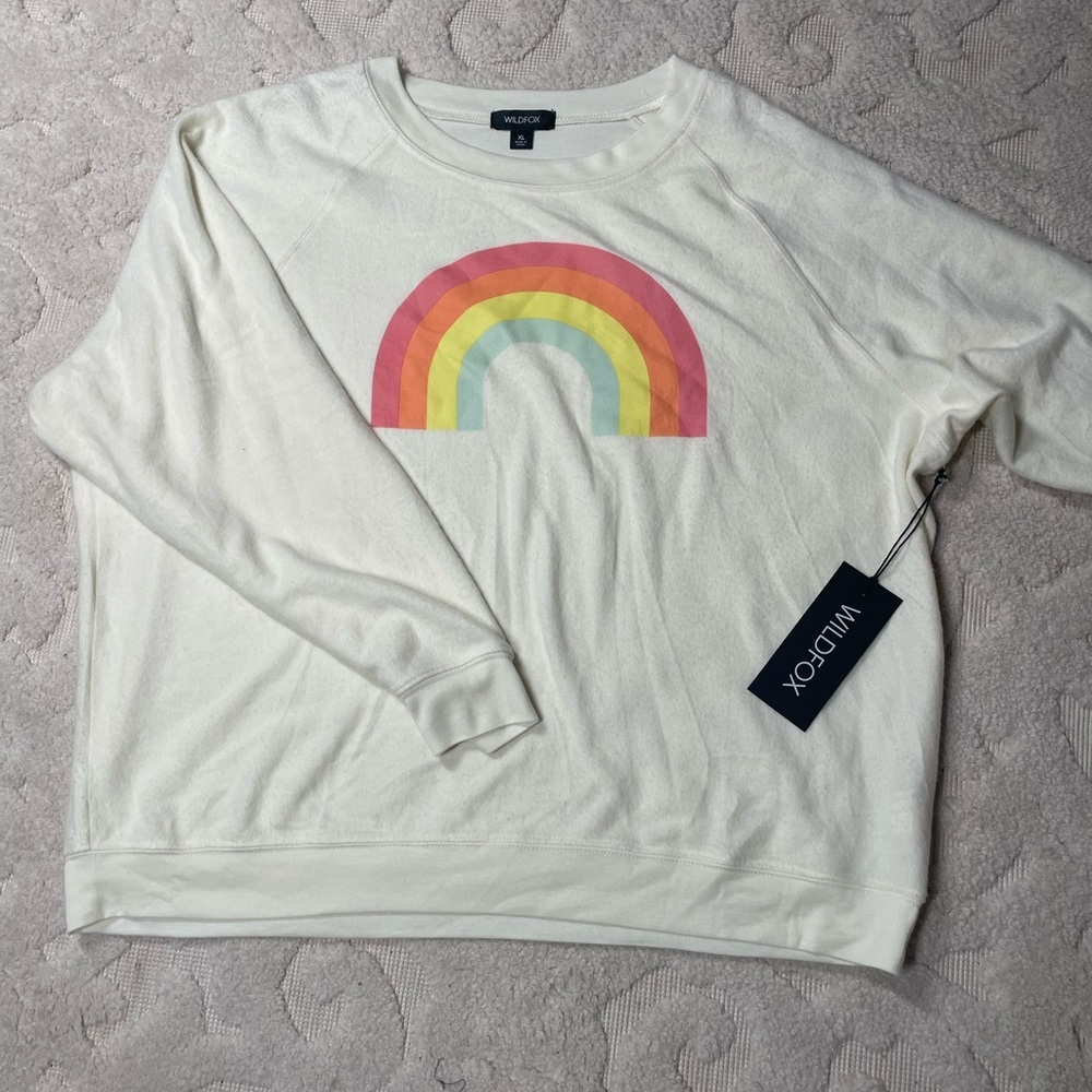 Wildfox After The Rain Sommers Rainbow Salt Cream Crewneck Jumper Sweater XL NWT - Picture 2 of 6